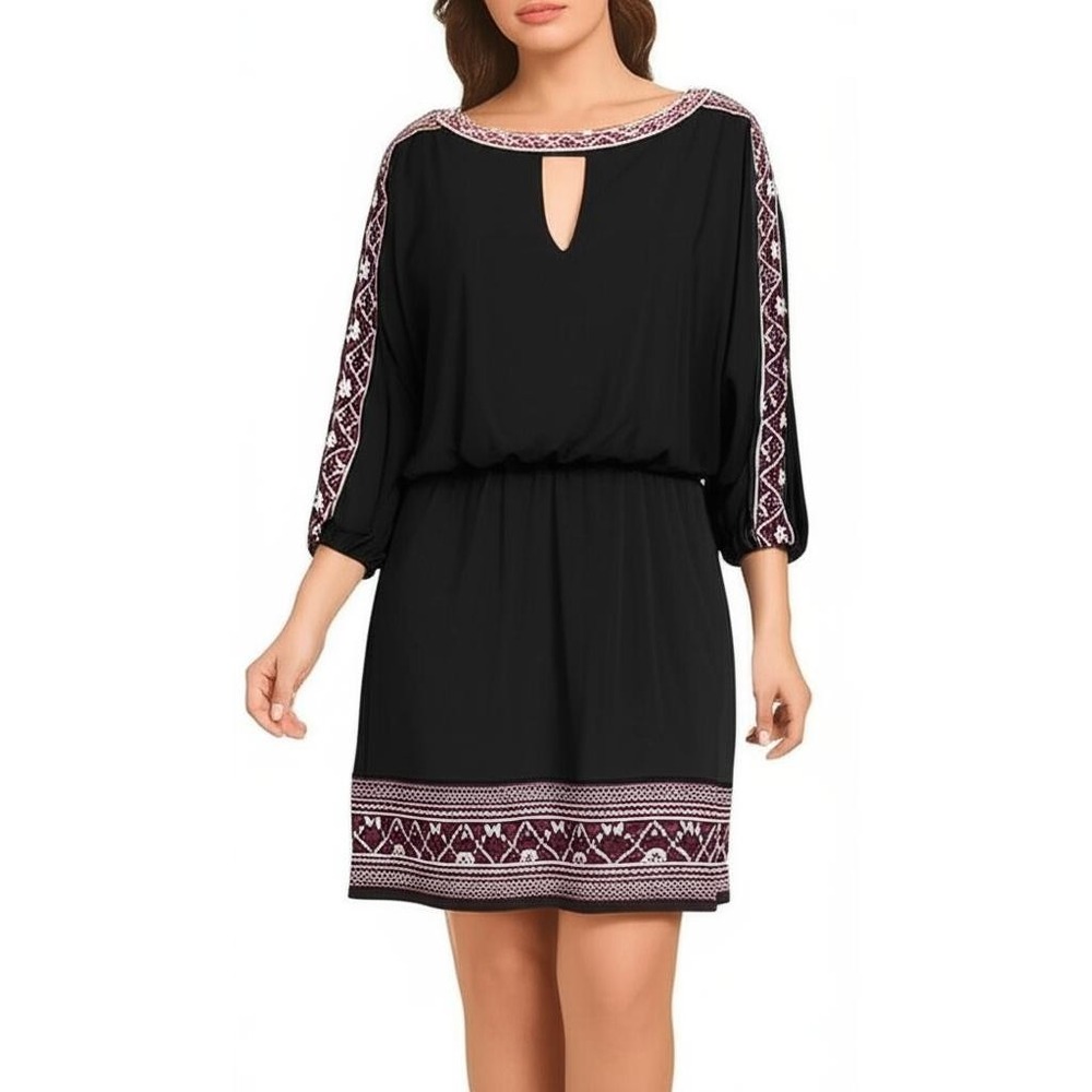 WHBM Mini Dress Size‎ Medium Black Embroidered Keyhole 3/4 Sleeve Boho Ornate